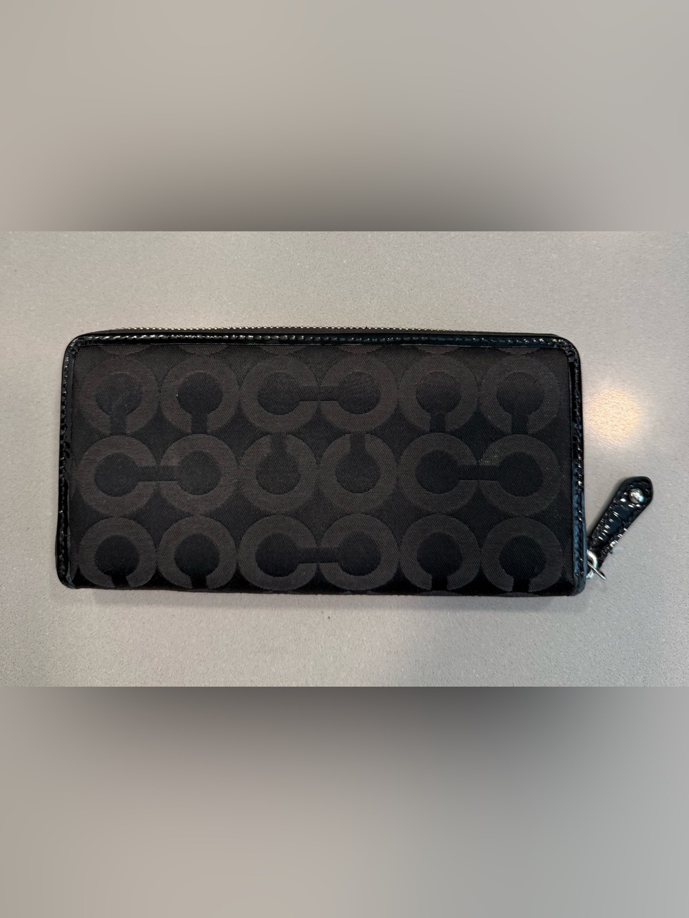 Coach Black Signature Zip-Around Wallet with Patent Trim - Picture 2 of 5